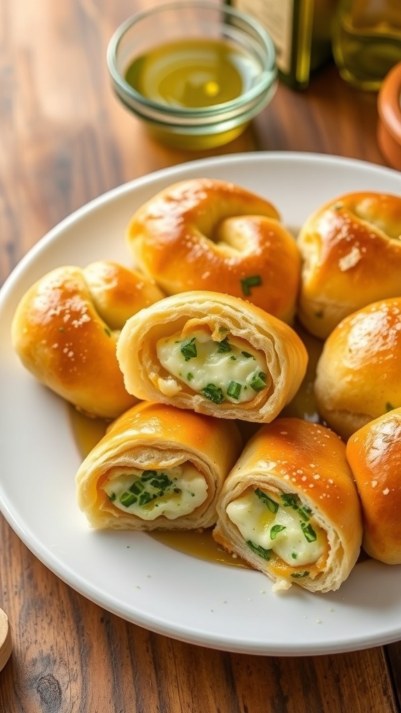 Stuffed Focaccia Rolls Recipe Golden brown stuffed focaccia rolls filled with cheese and herbs on a rustic wooden table.